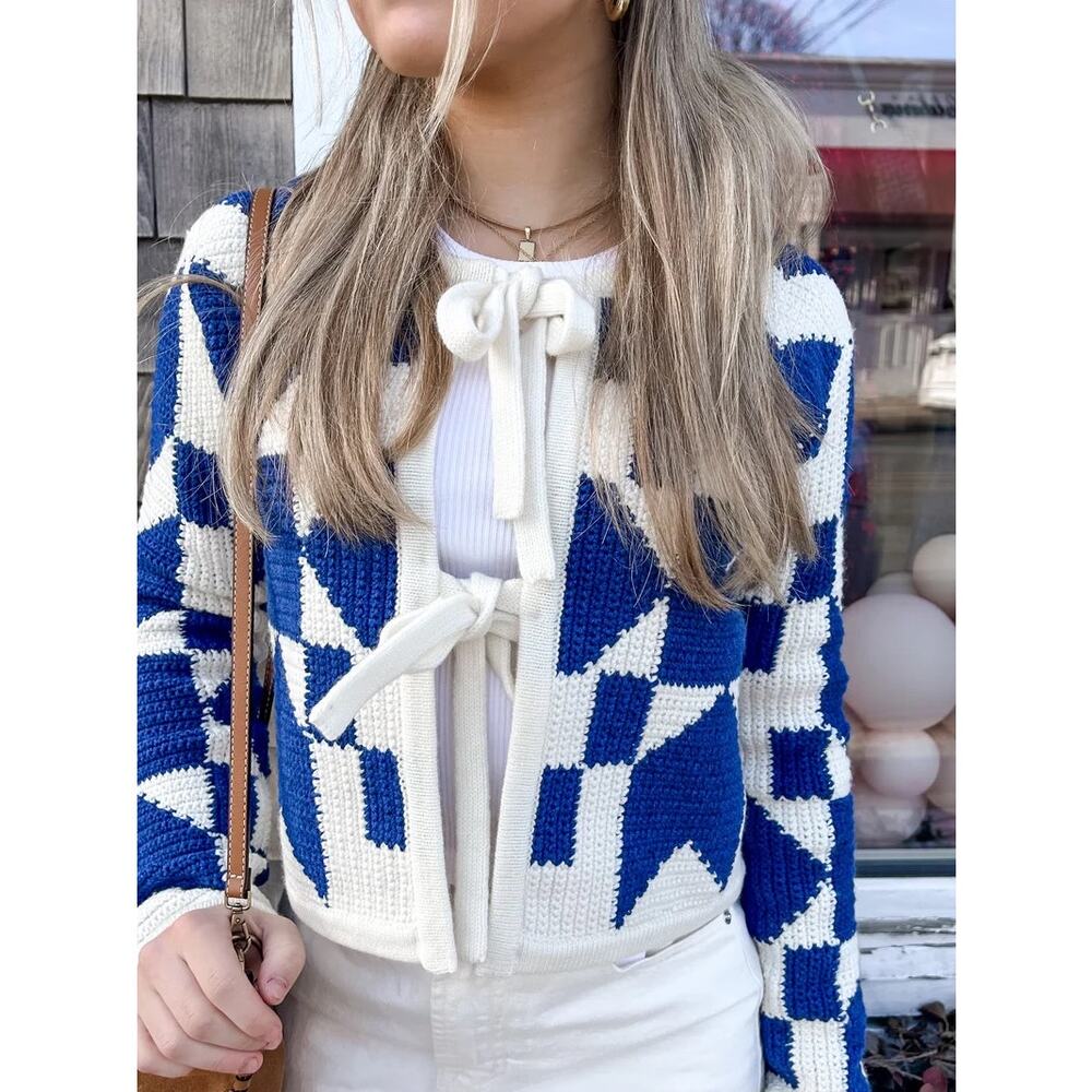 Sea New York Anais Wool Crochet Geometric Print Cardigan Cream Blue XS
